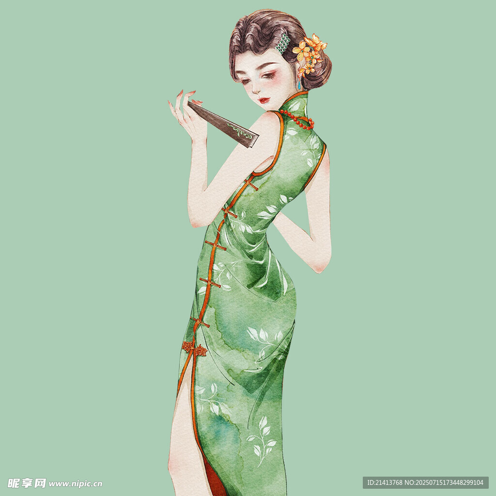古典旗袍女子持笛优雅图