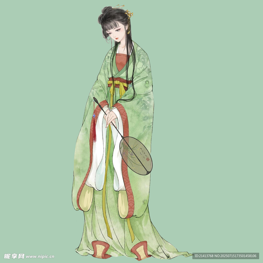古典绿衣持扇优雅女子