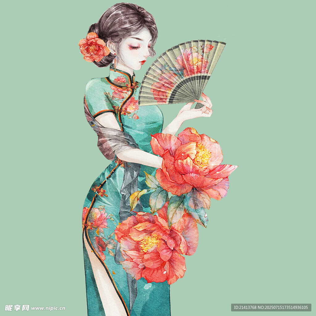 复古旗袍女子手持折扇花朵