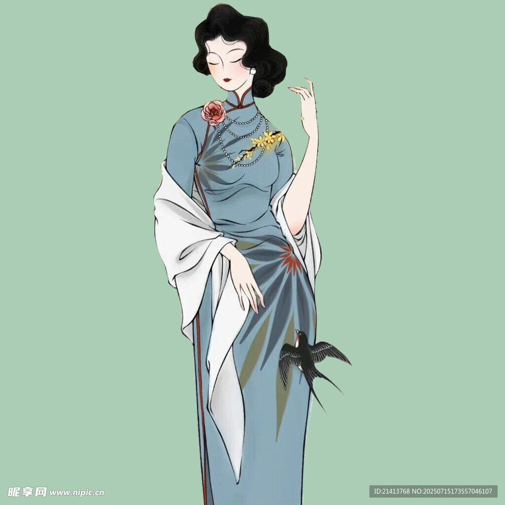 复古旗袍女子优雅姿态