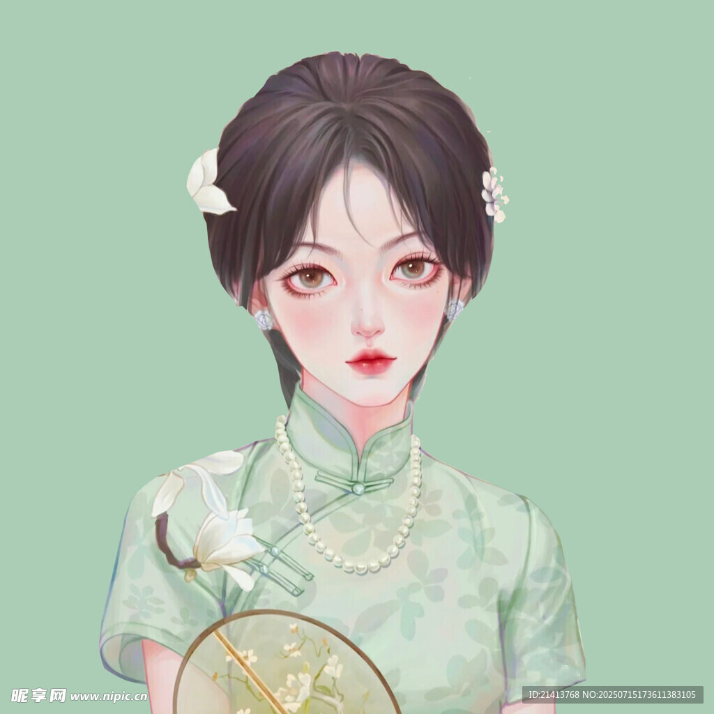 古风旗袍少女手持团扇
