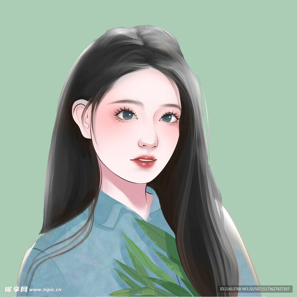 长发女子手持绿叶插画
