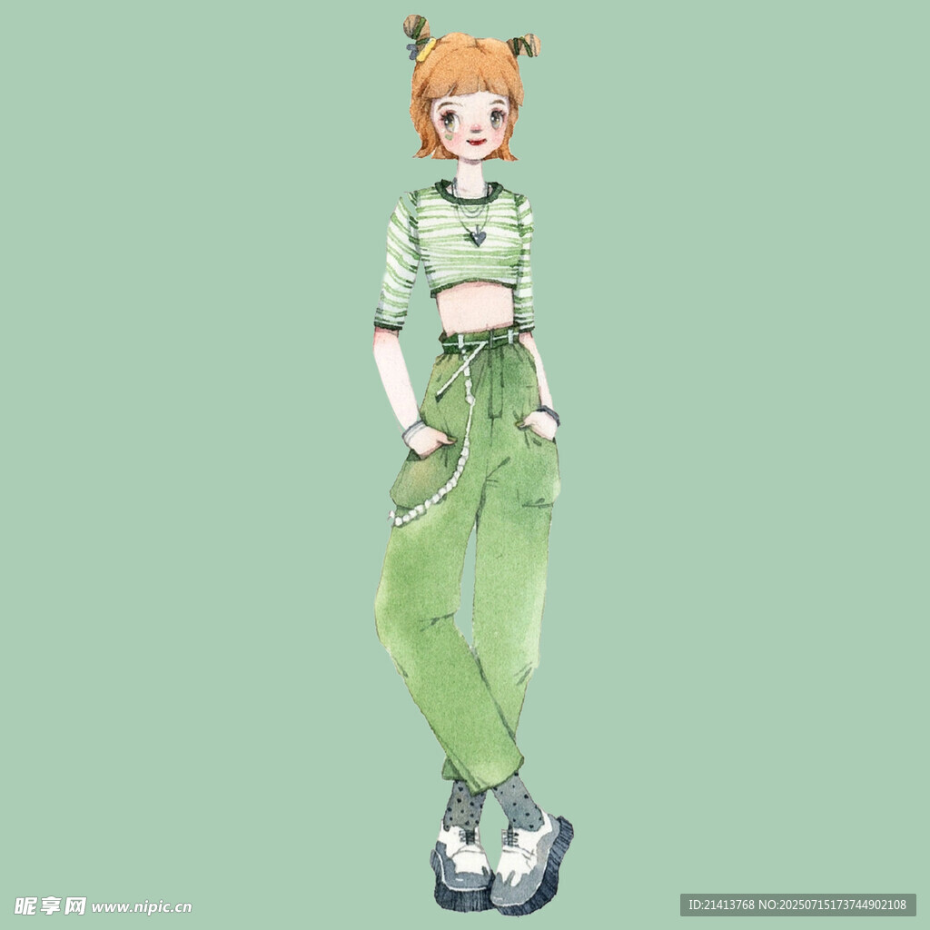 时尚绿衣少女插画形象