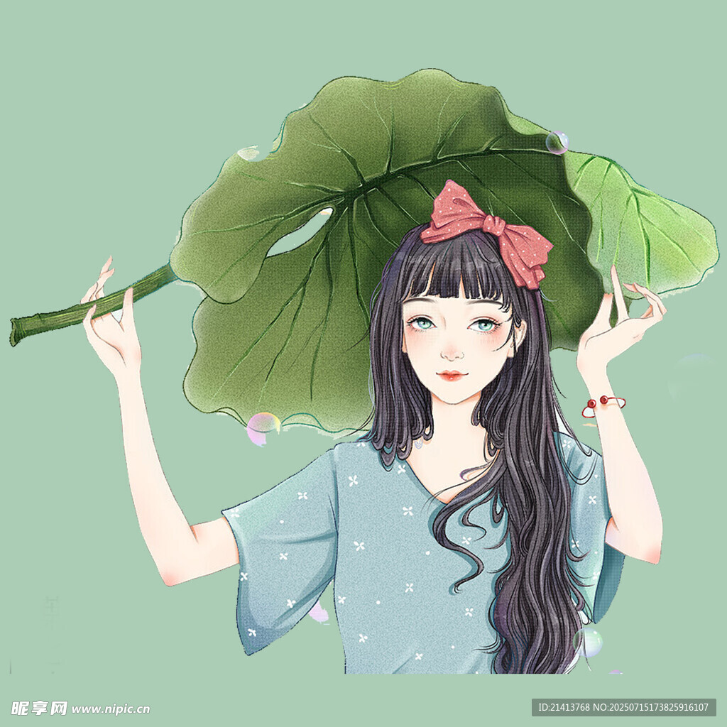持荷叶的古风少女