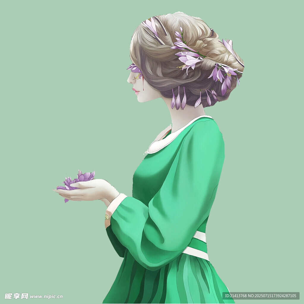 身着绿衣捧花的优雅女子