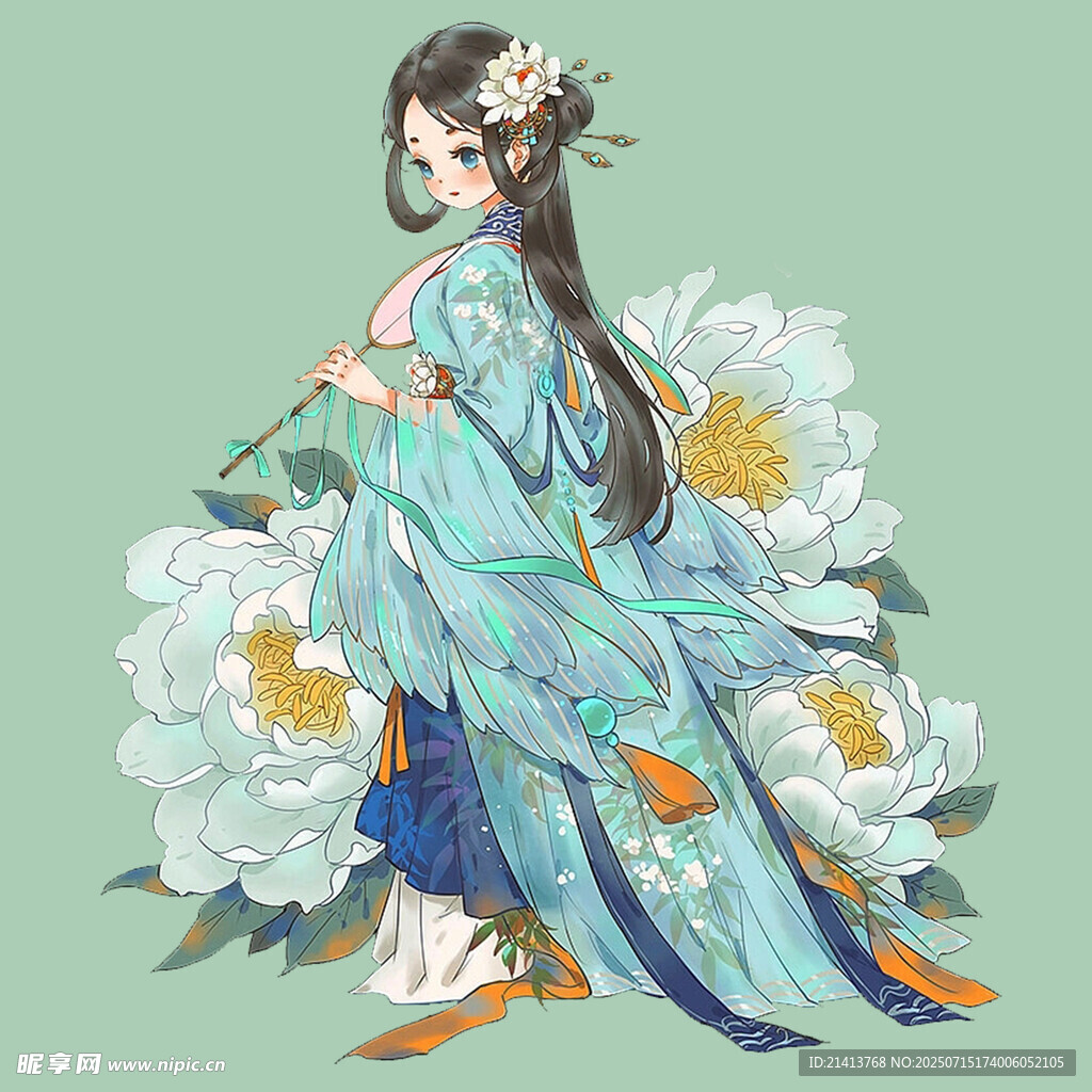 古风持笛蓝衣汉服女子