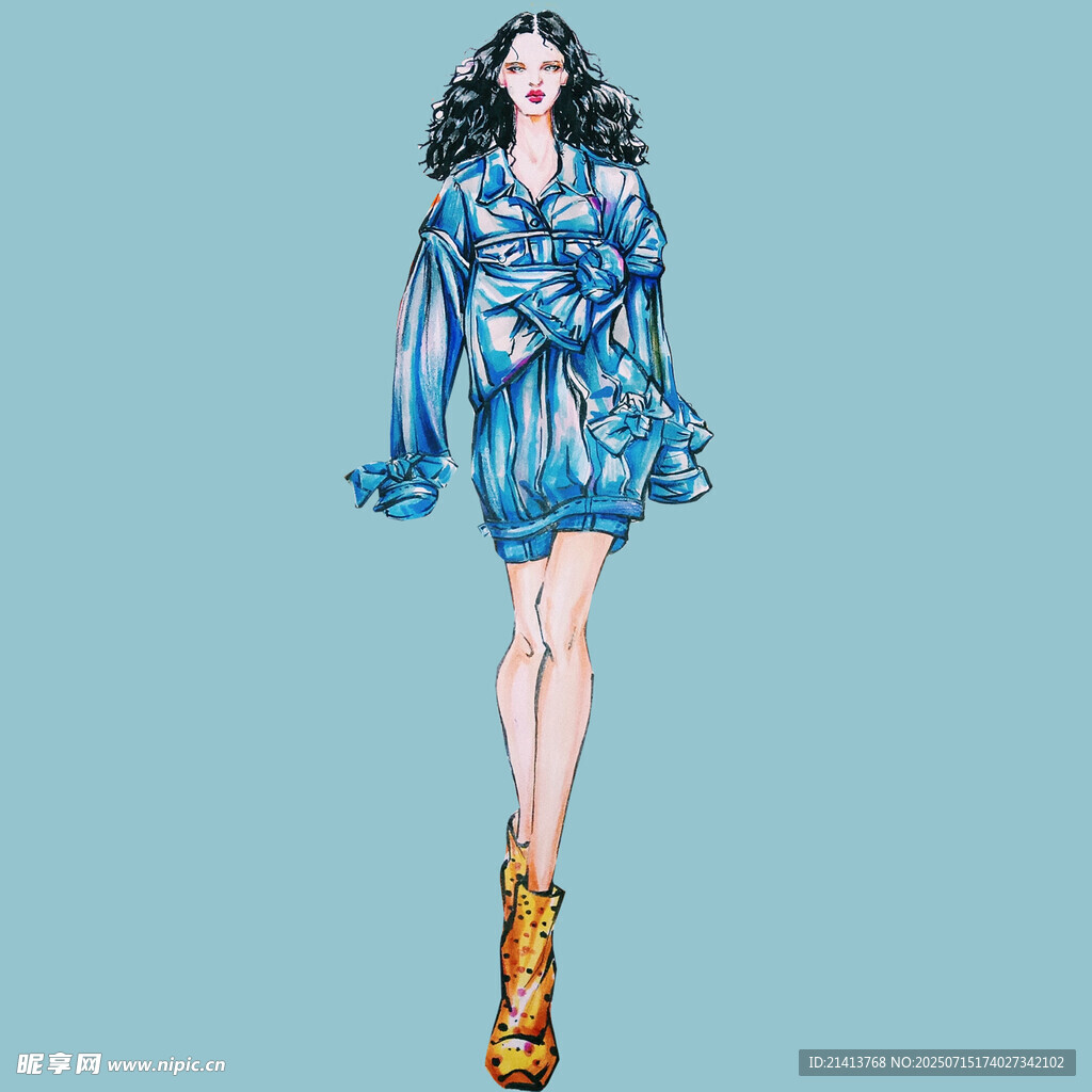 时尚蓝裙女性插画