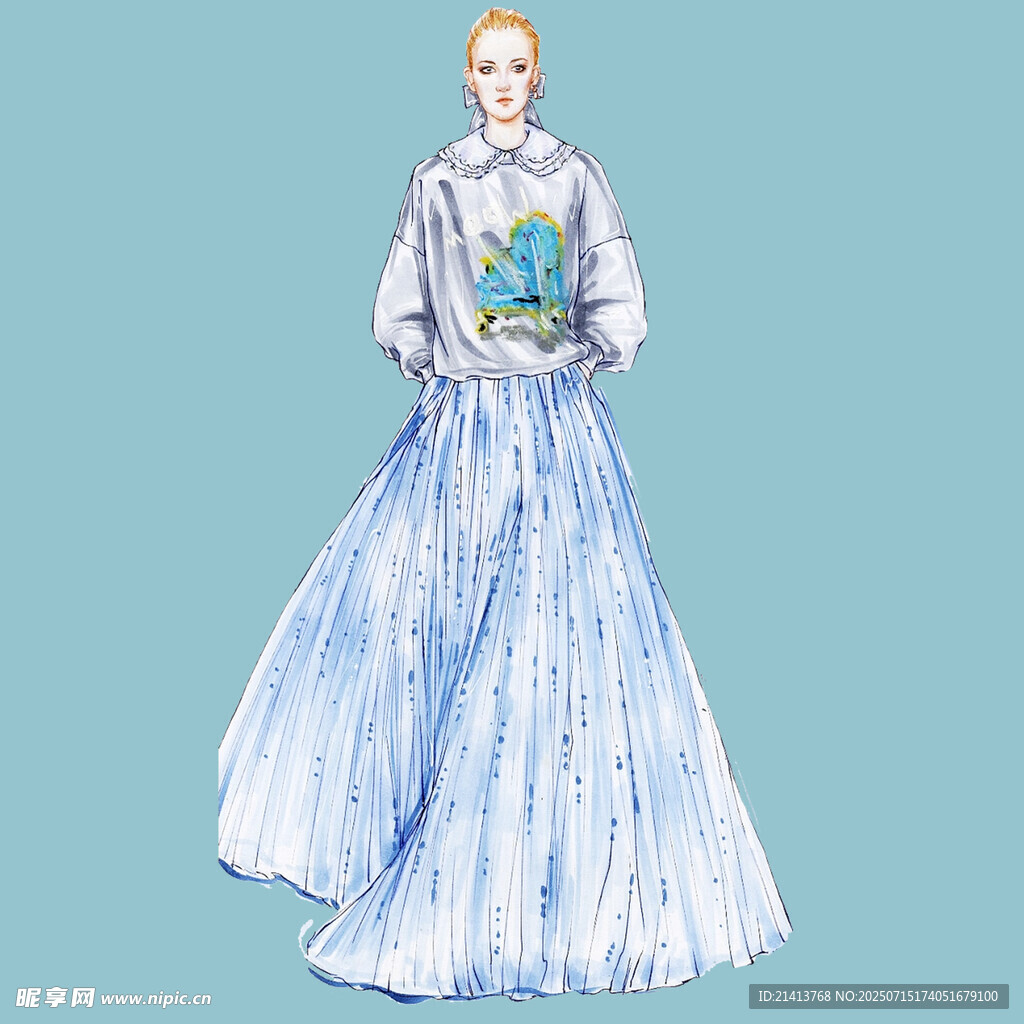 蓝色长裙女士优雅时装画