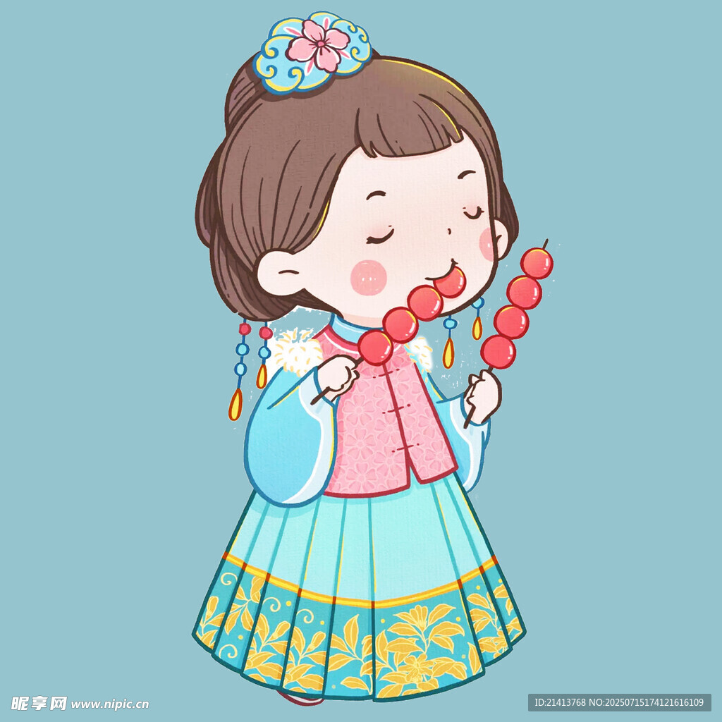 穿汉服吃冰糖葫芦的女孩