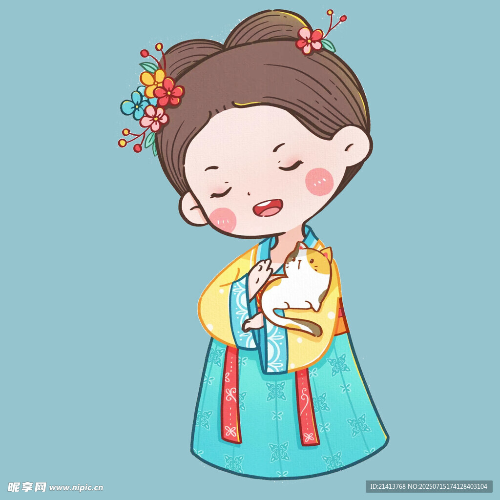 穿汉服抱猫的可爱小女孩
