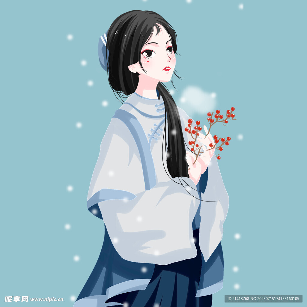 古风少女手持红果赏雪