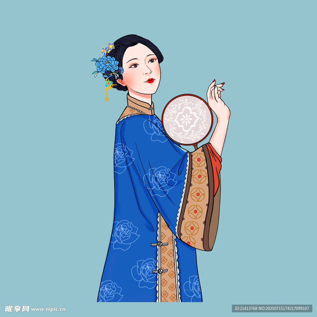 古风女子持圆扇优雅而立