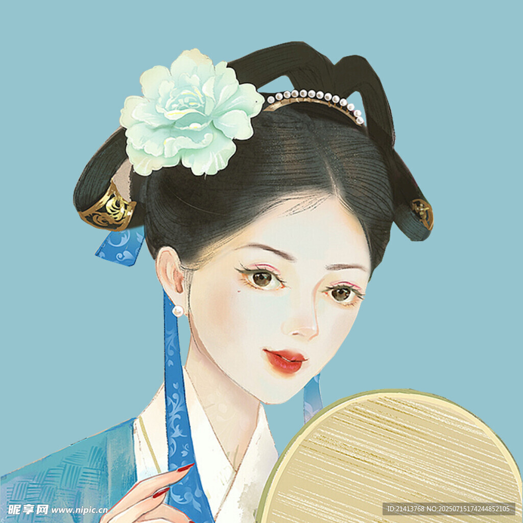 古风佳人持扇簪花图