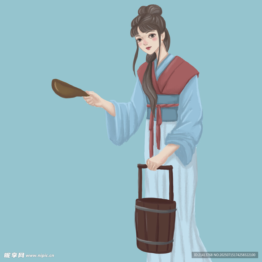 古代女子提篮端物图