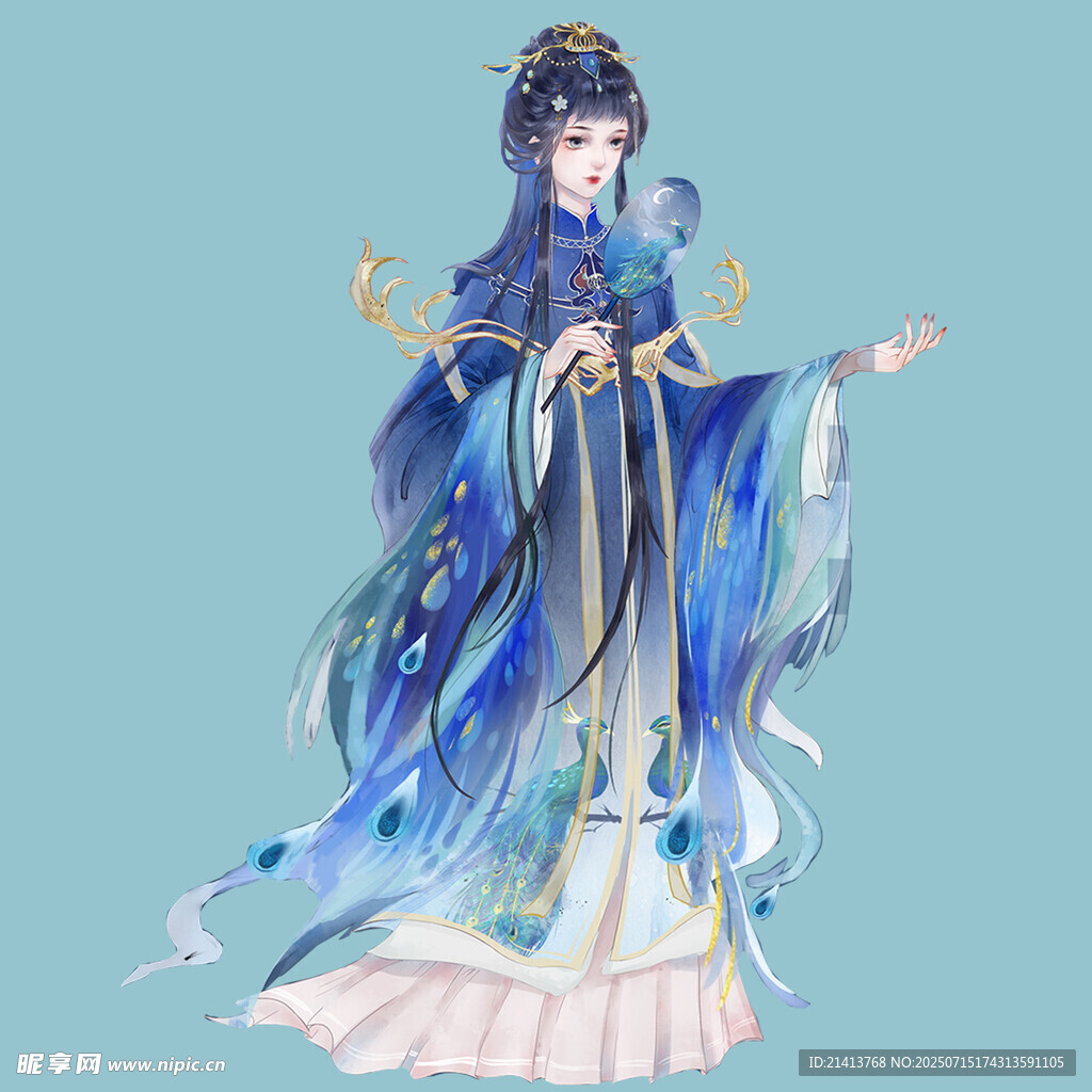 古风蓝裙飘逸的典雅女子
