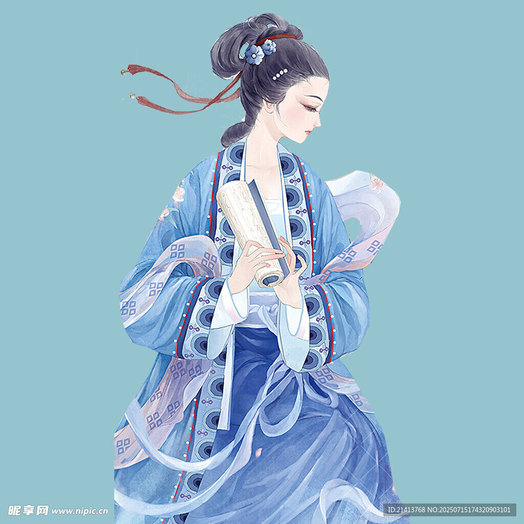 古风蓝衣持扇优雅女子