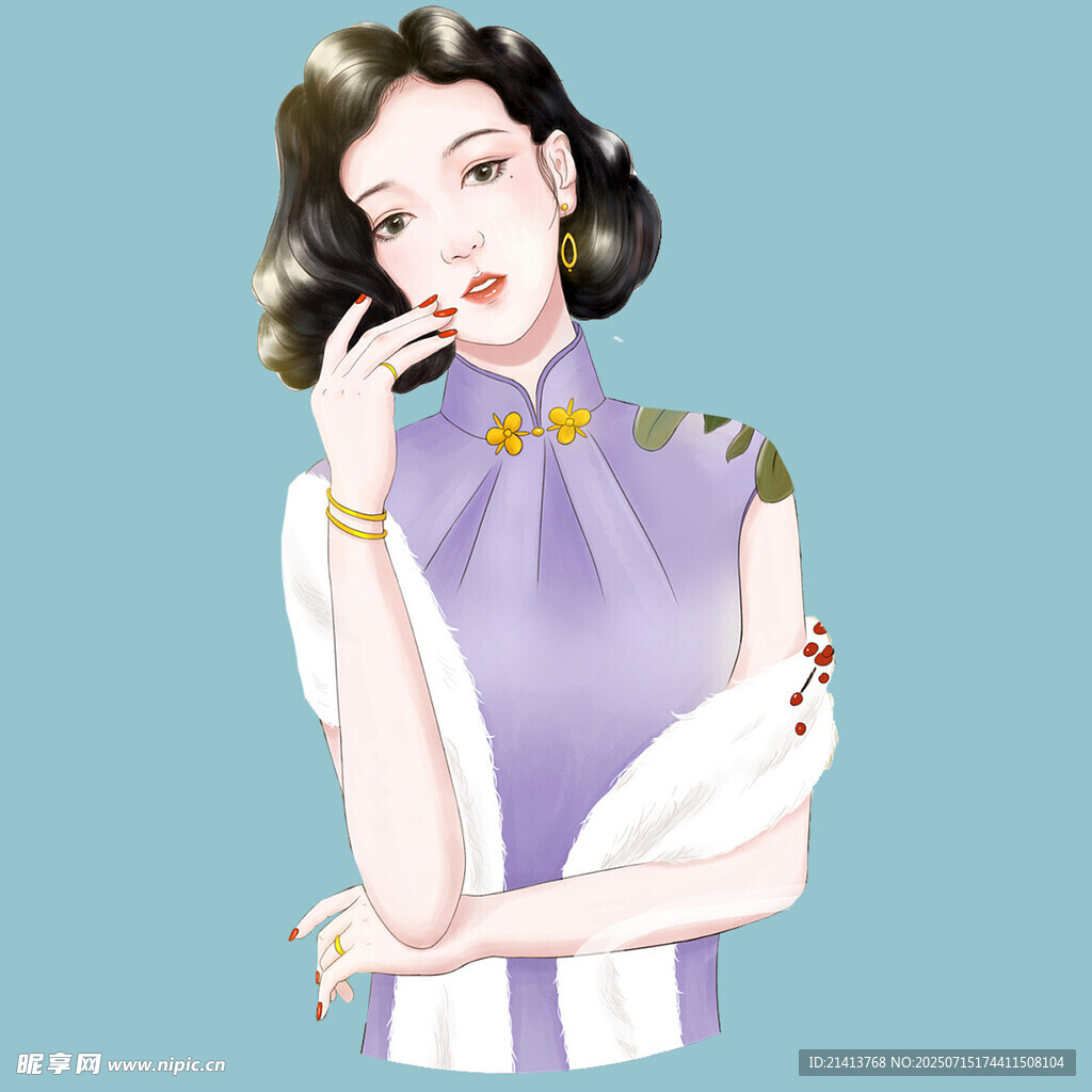 复古旗袍女子怀抱白兔