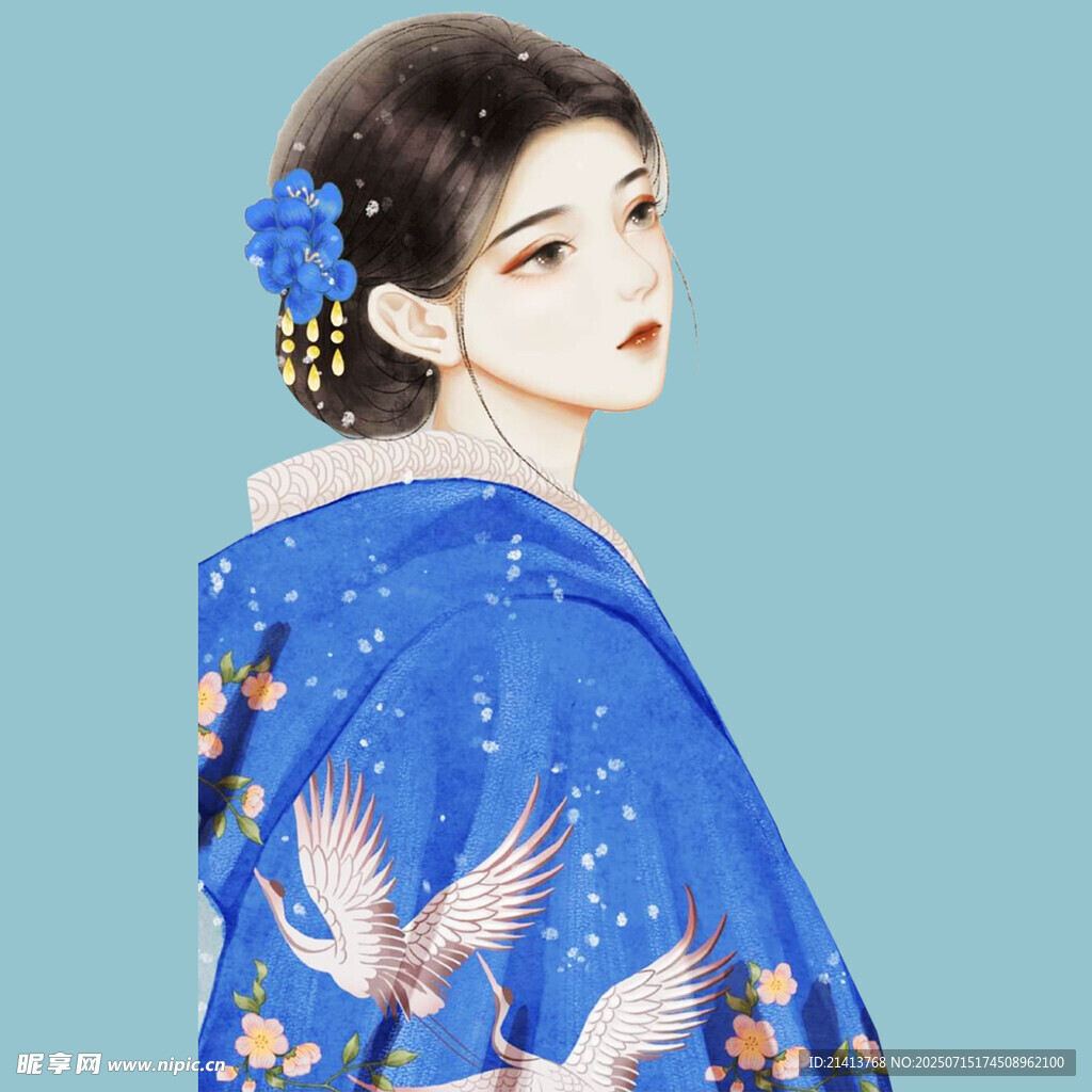 身着蓝和服的优雅女子