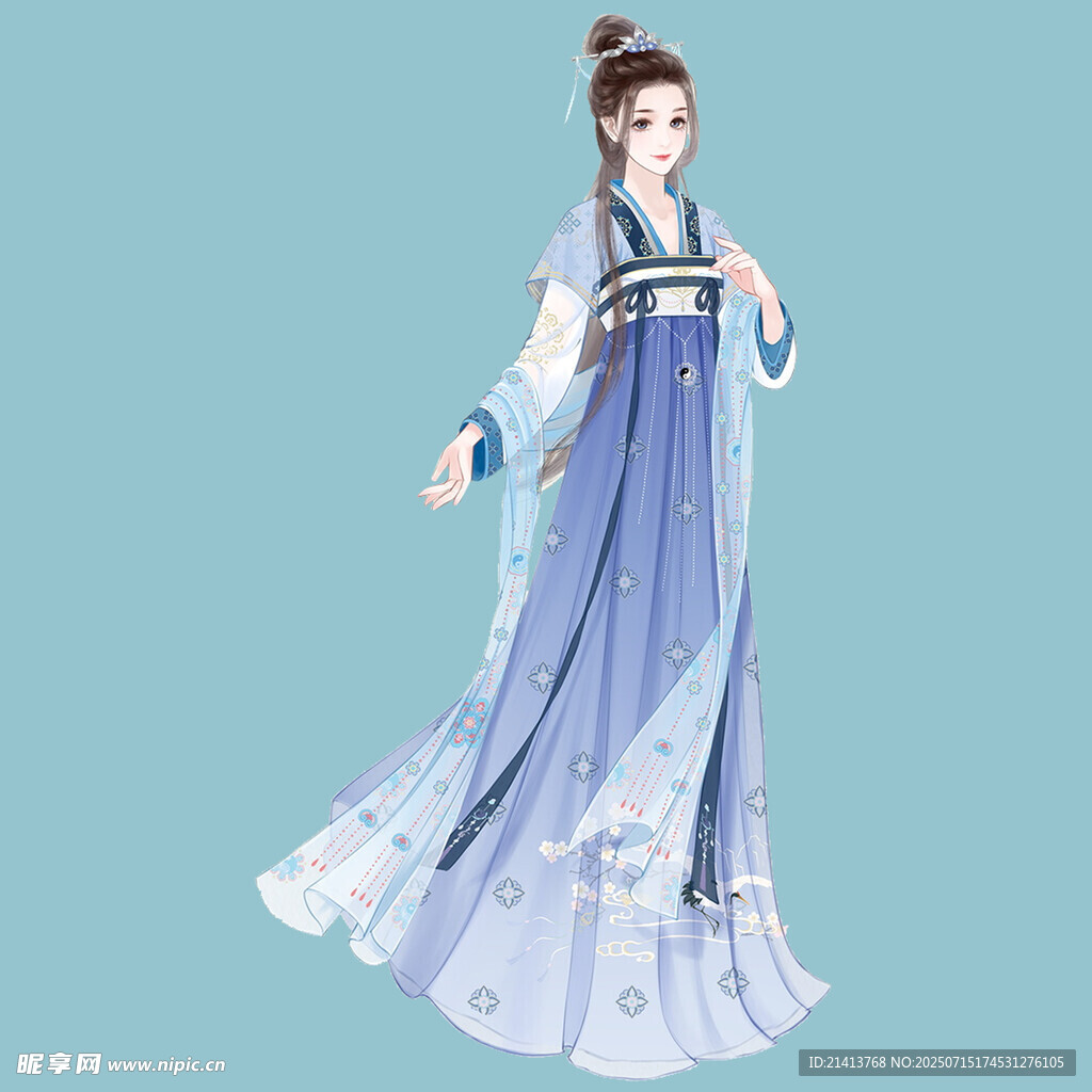 古风女子身着飘逸蓝色汉服