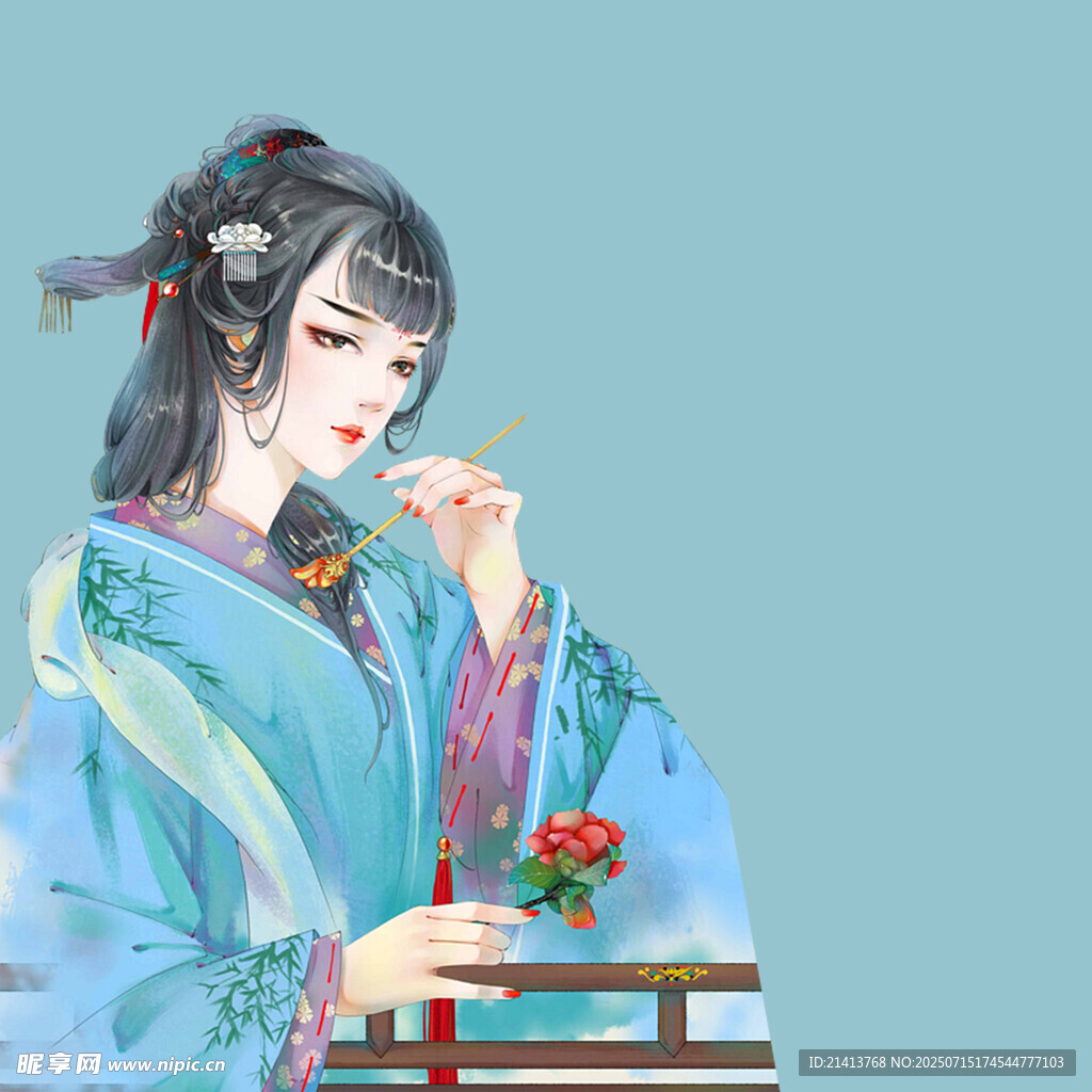 古风佳人轻嗅娇艳花朵