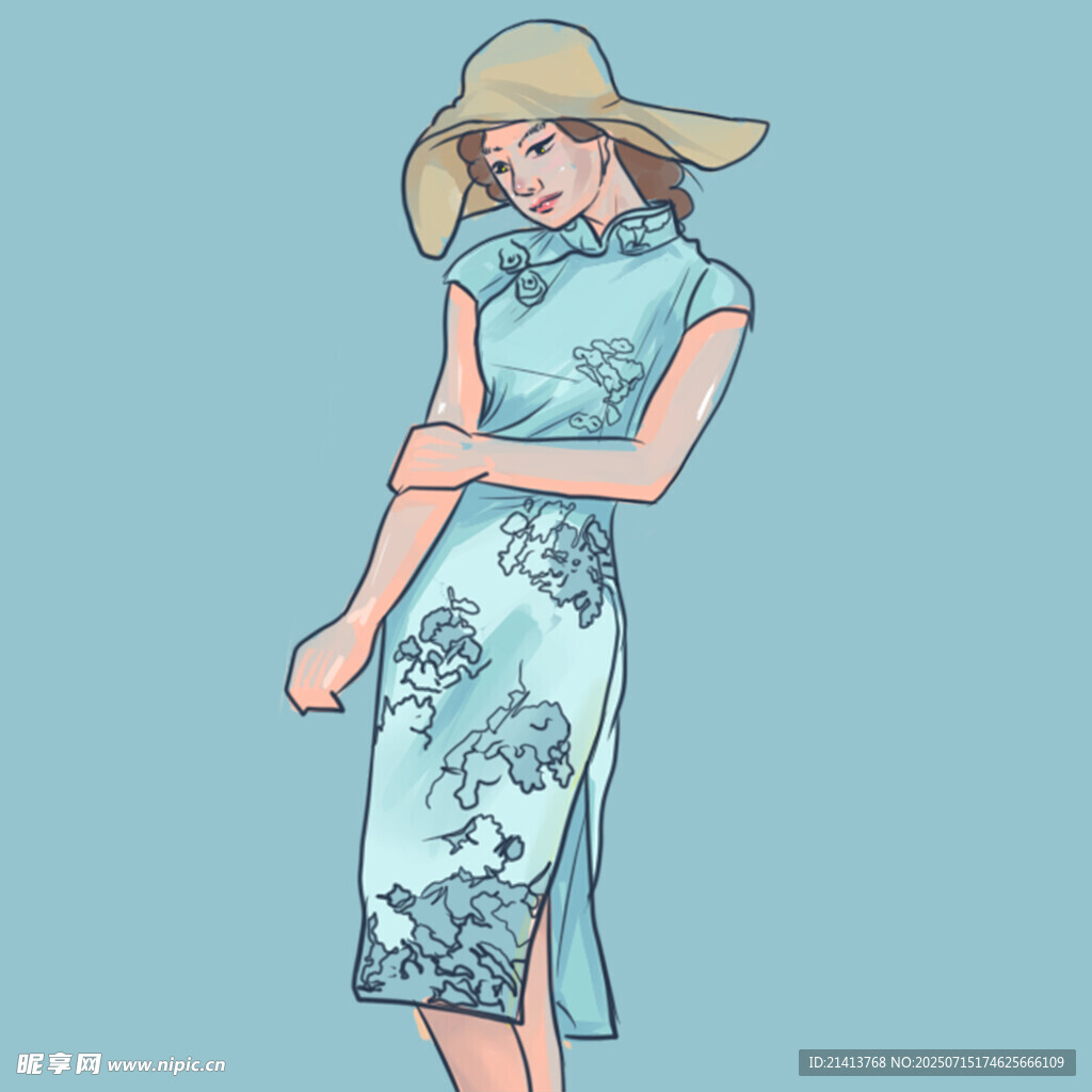 戴草帽的旗袍女子