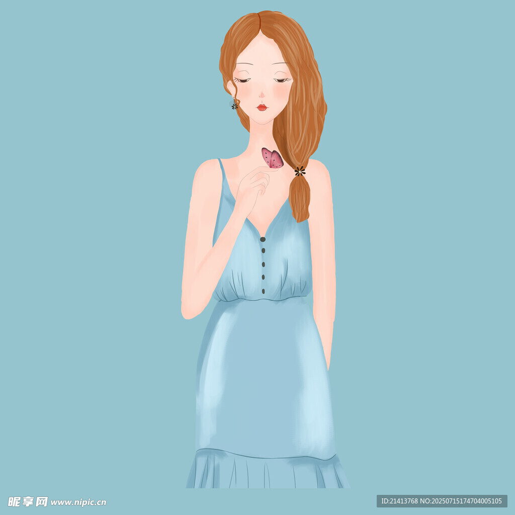 穿蓝裙的优雅红发女子