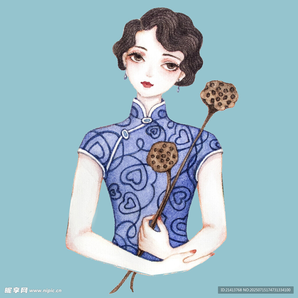 复古旗袍女子手持团扇