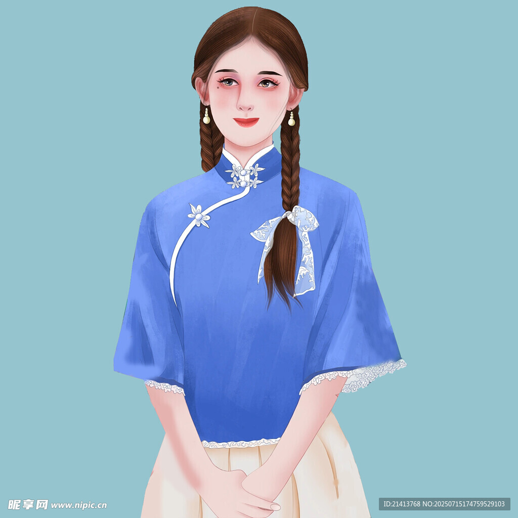 蓝旗袍少女  温婉动人