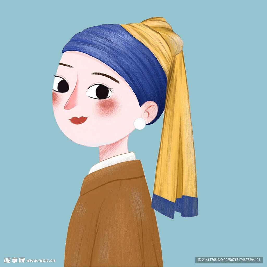 戴珍珠耳环的少女卡通形象