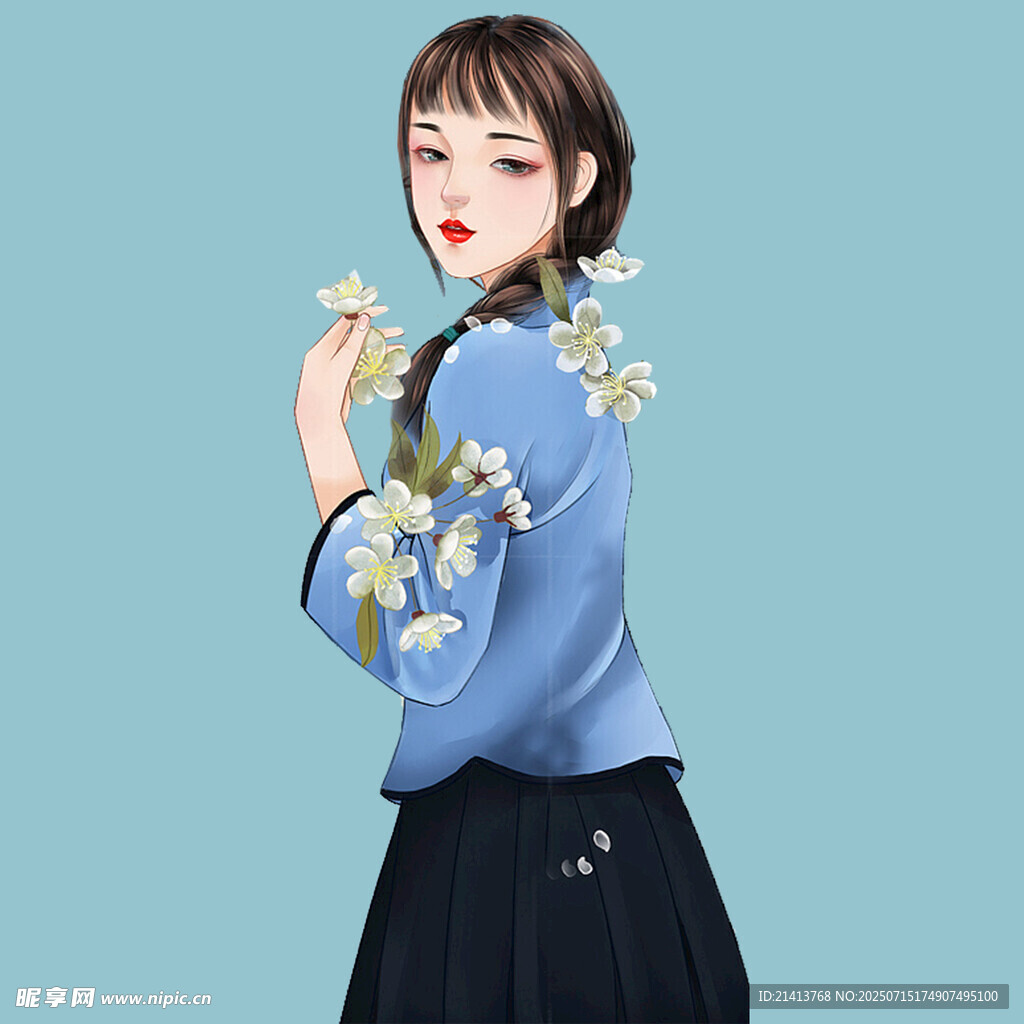 古风少女手持白花赏景