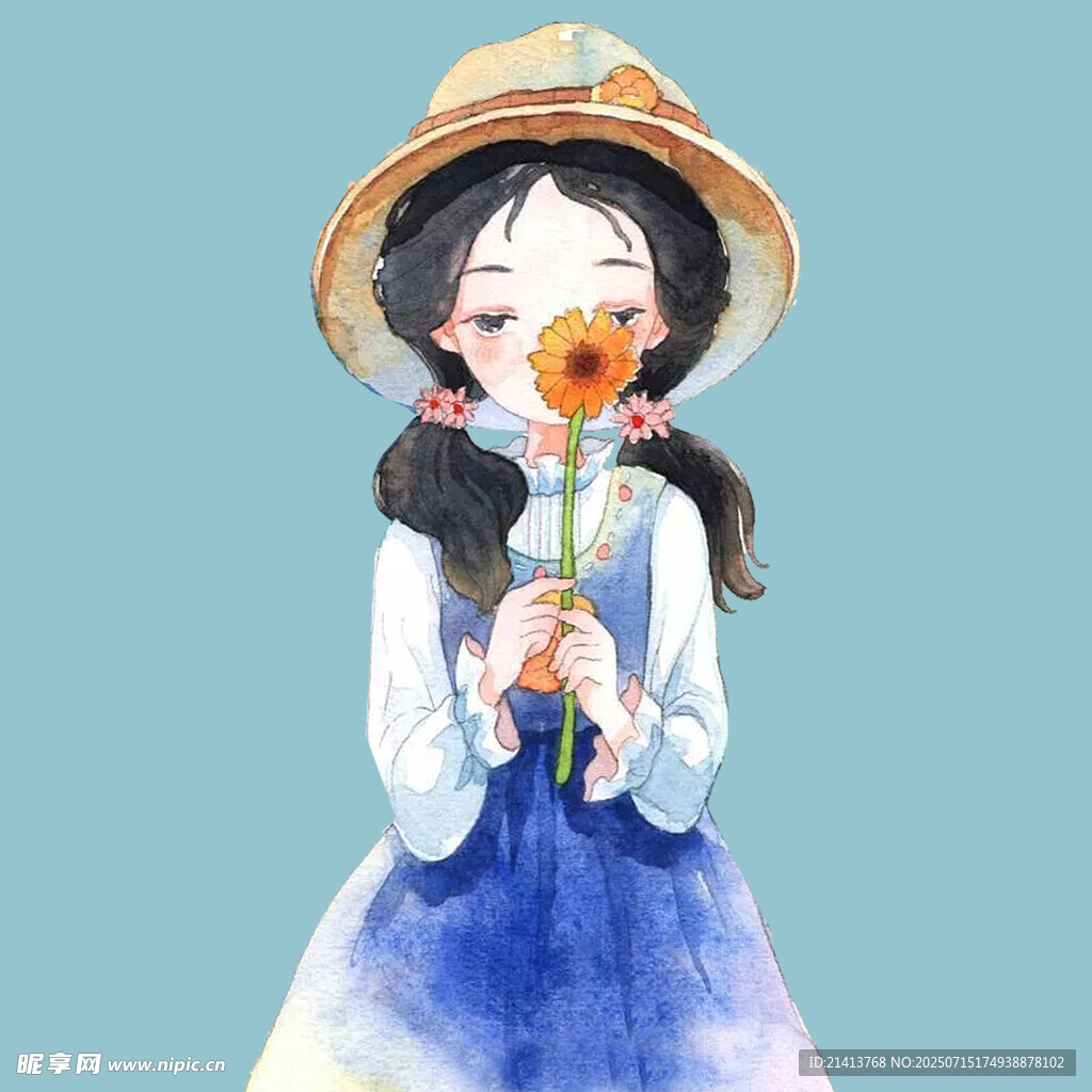 戴草帽女孩手持向日葵