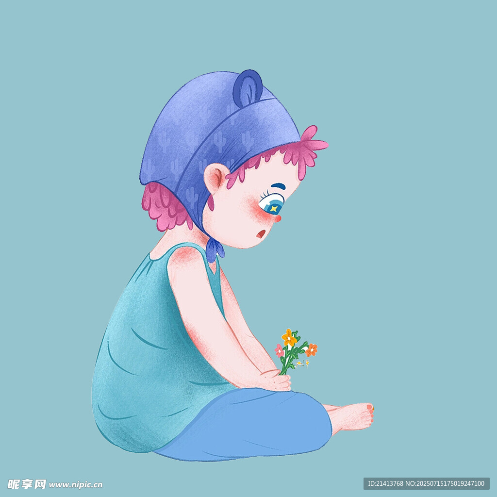 戴帽女孩专注玩小花