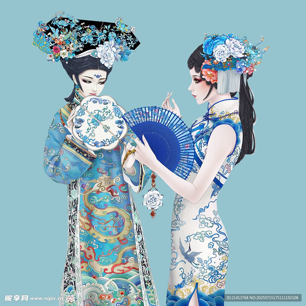 古典戏曲装扮的两位佳人