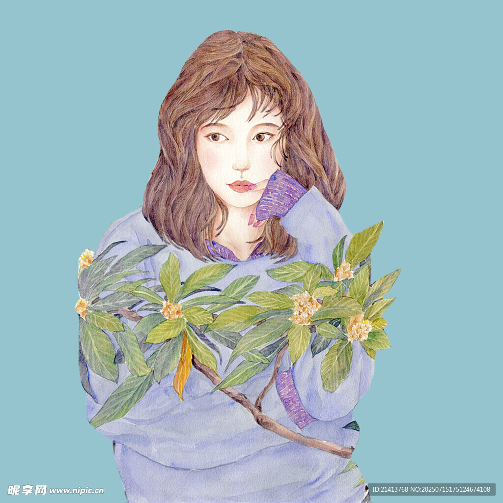 怀抱花枝的温柔女孩