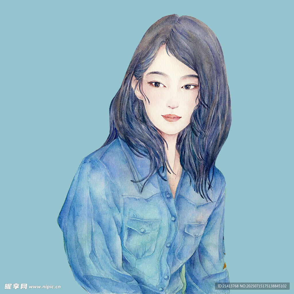 穿蓝衬衫的美丽女孩