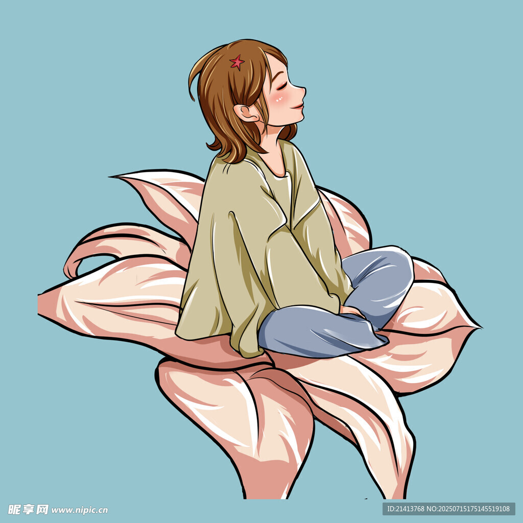 女孩静坐于花瓣上冥想