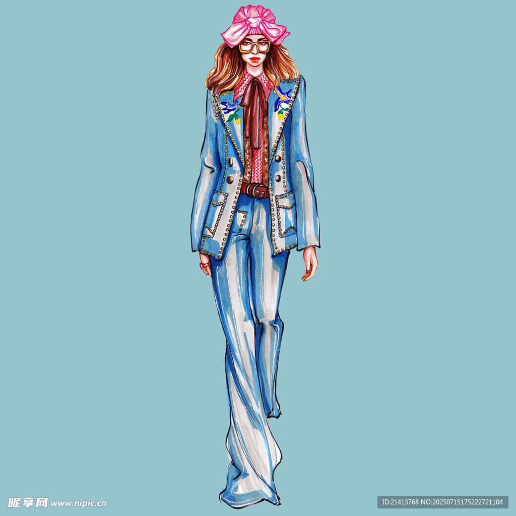 时尚蓝白条纹套装女性插画