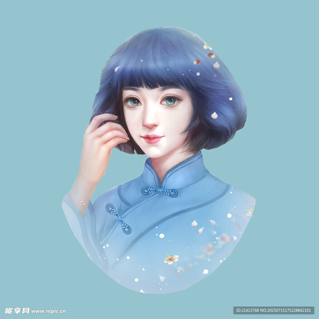复古蓝旗袍短发女子形象