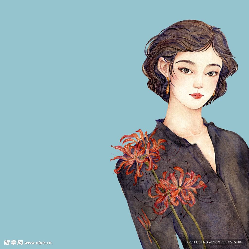 复古风女子与肩头彼岸花
