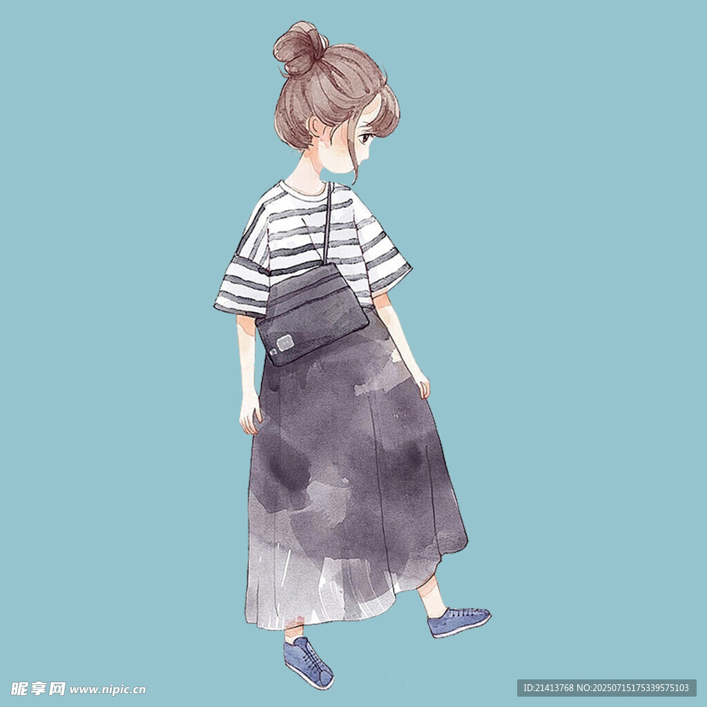穿条纹上衣背带裙的女孩