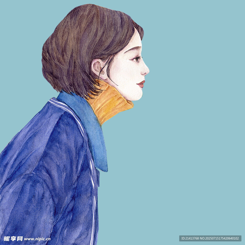 短发女子身着蓝衣侧影