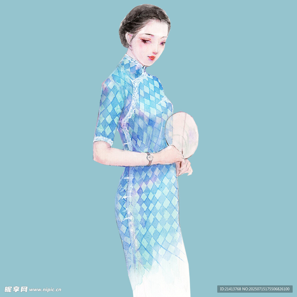 身着蓝格旗袍的优雅女子