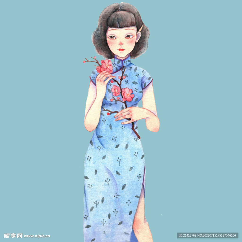 古典旗袍少女手持红梅