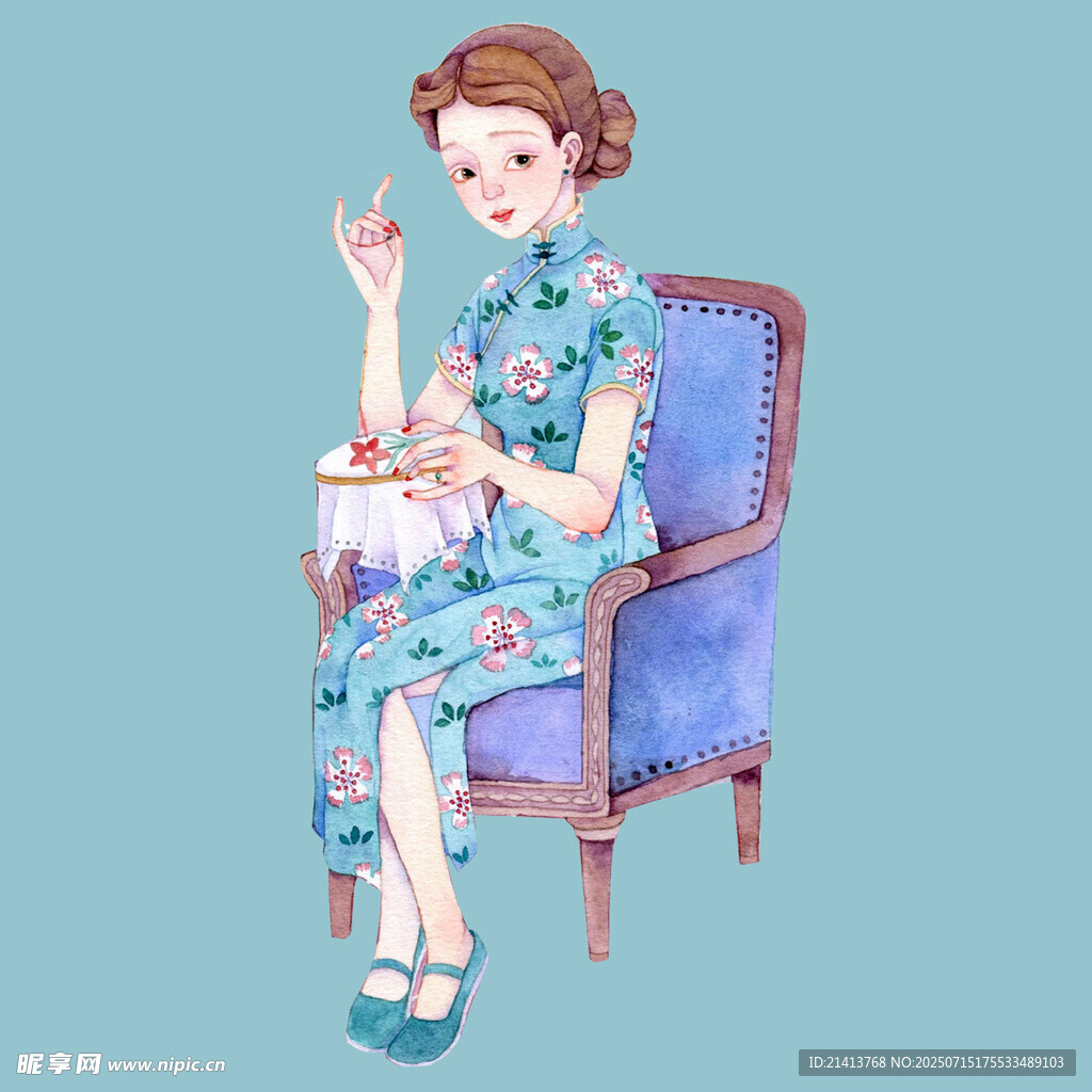 复古旗袍女子优雅坐于椅上