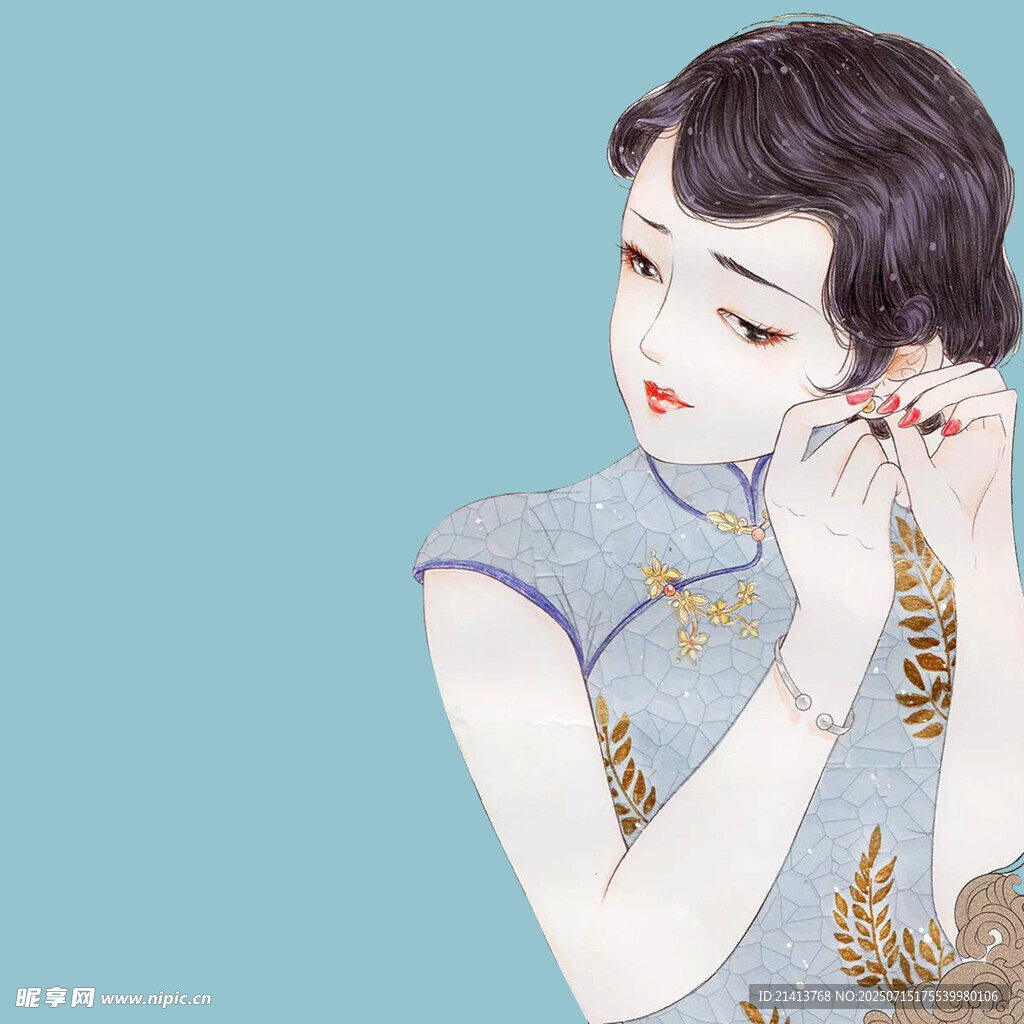 复古旗袍女子优雅姿态