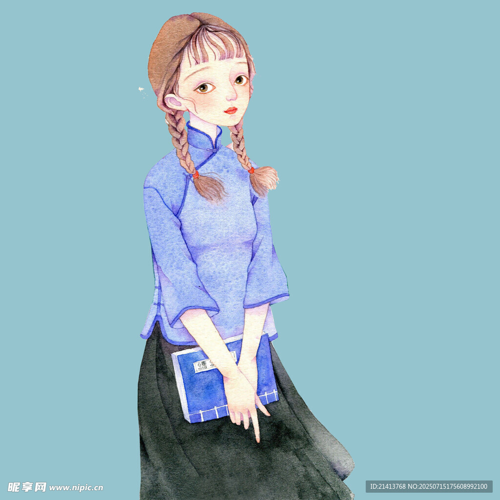 民国风少女手持书本侧立
