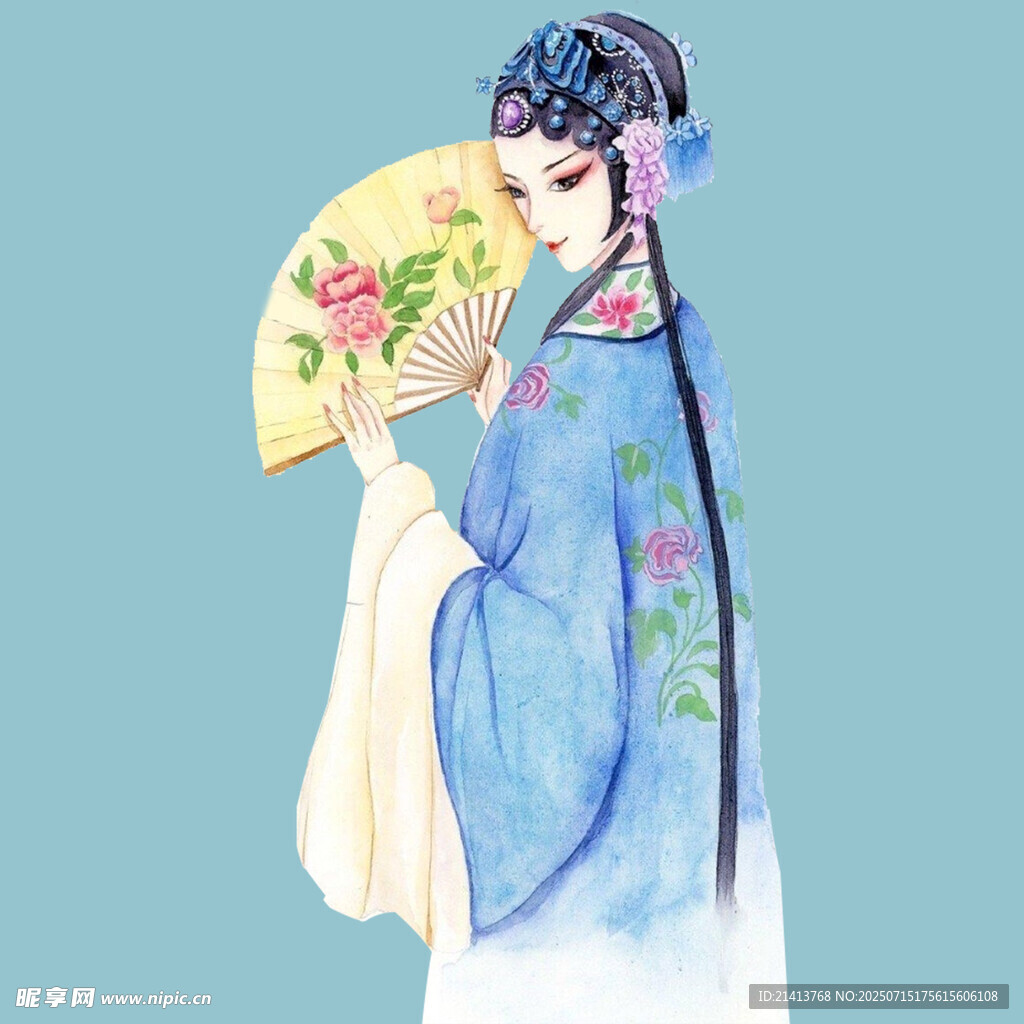 古典美人持扇优雅侧影