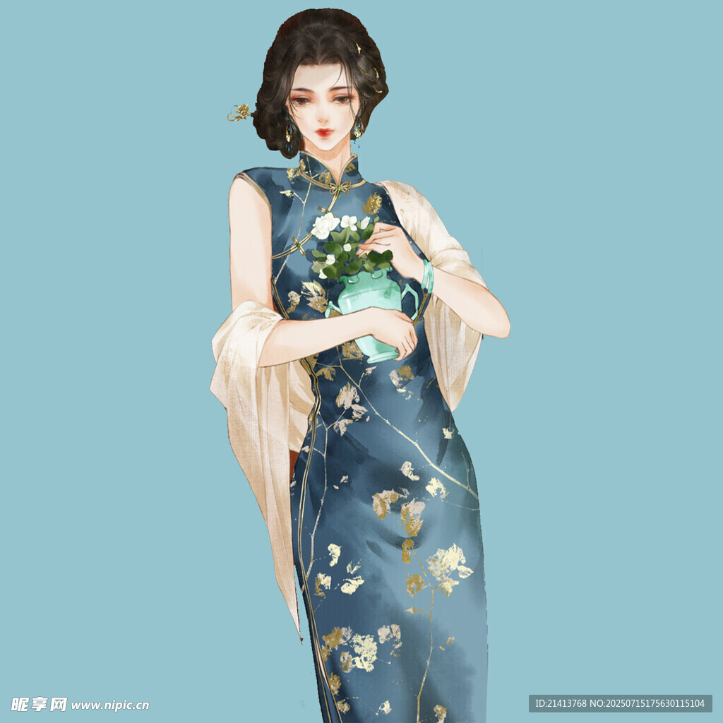 复古旗袍女子手持花束