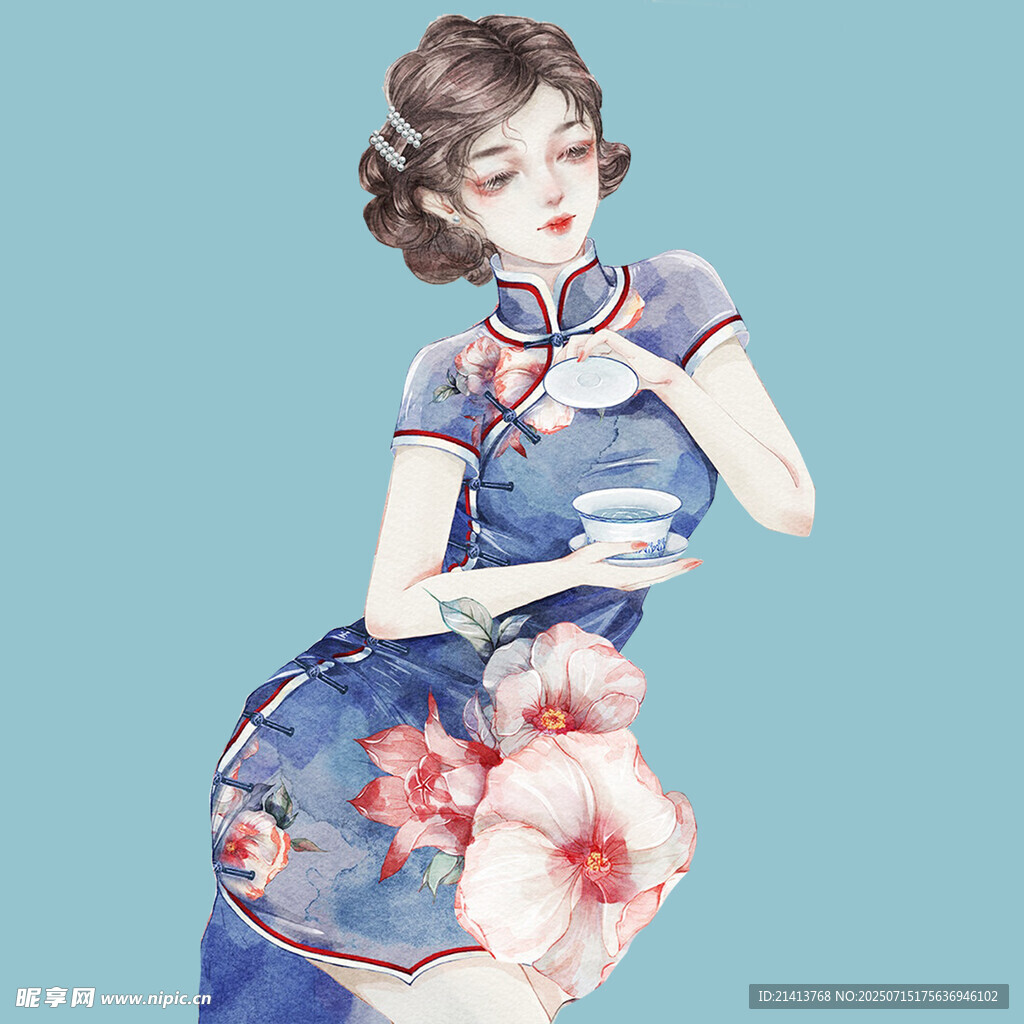 复古旗袍女子手持精致物件