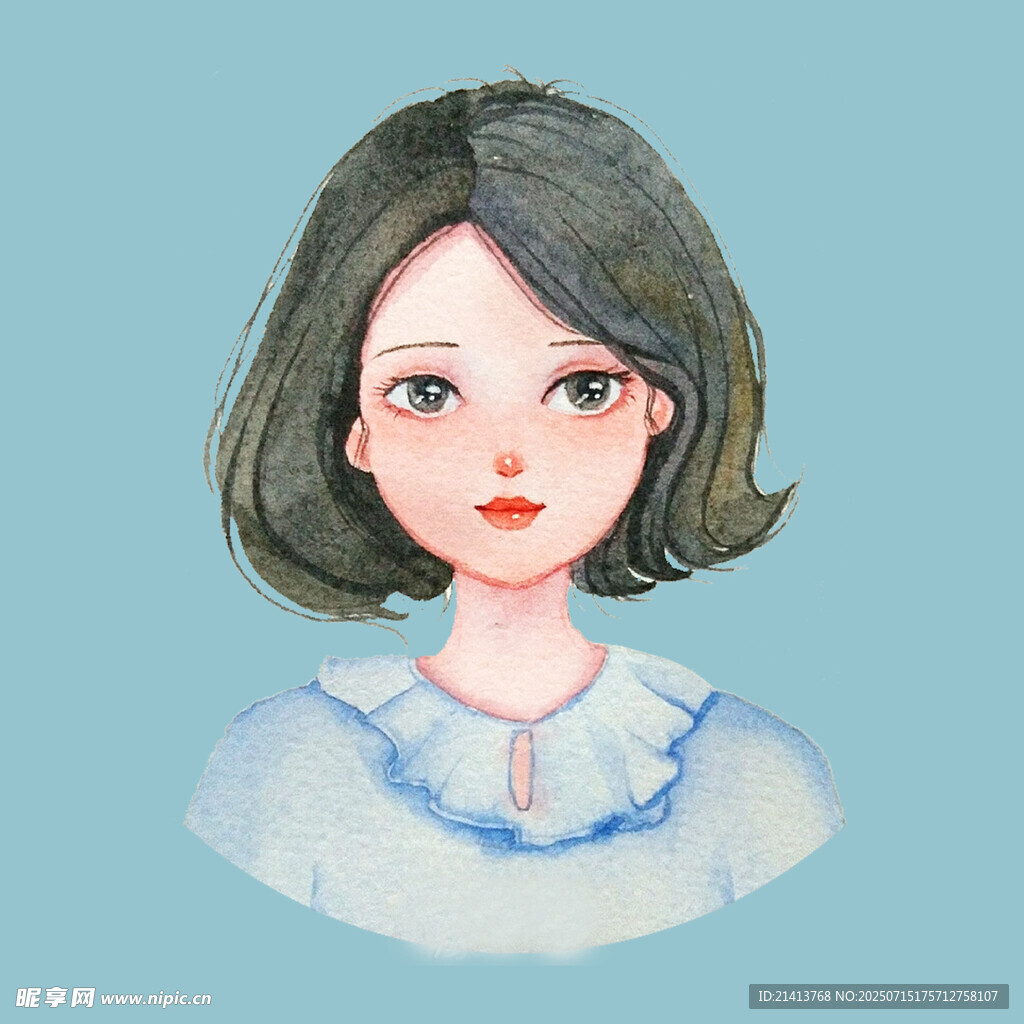 短发女孩清新水彩头像